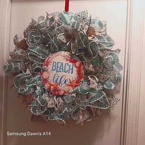Blue and White Holiday Wreath with Coastal Charm